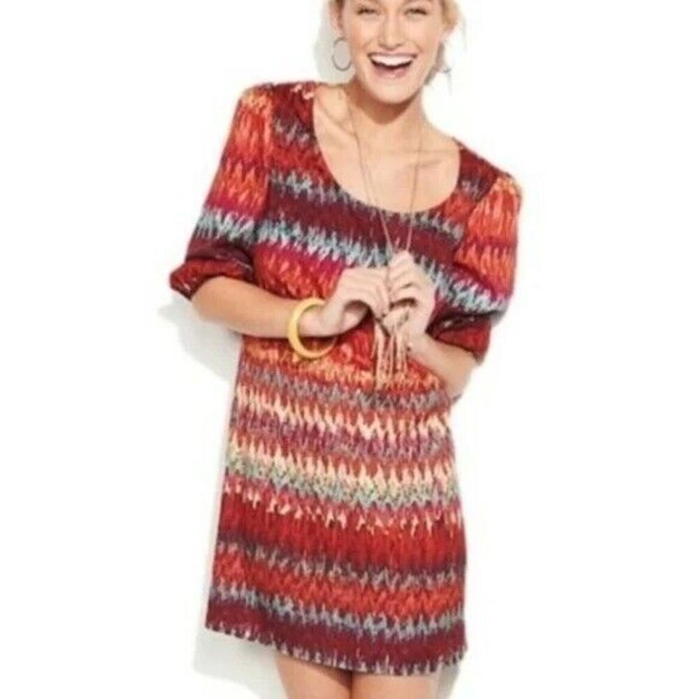 Lily Rose Dress Womens Medium Rust Ikat‎ Chevron Poly Boho Bow Back Cutout Shift